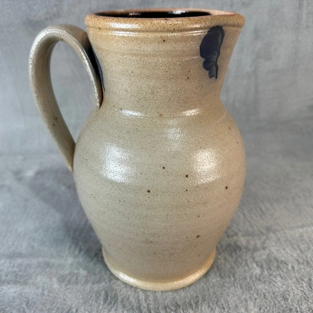 Vintage 1989 Rowe Pottery Works Blue Heart Salt Glaze Stoneware Pitcher